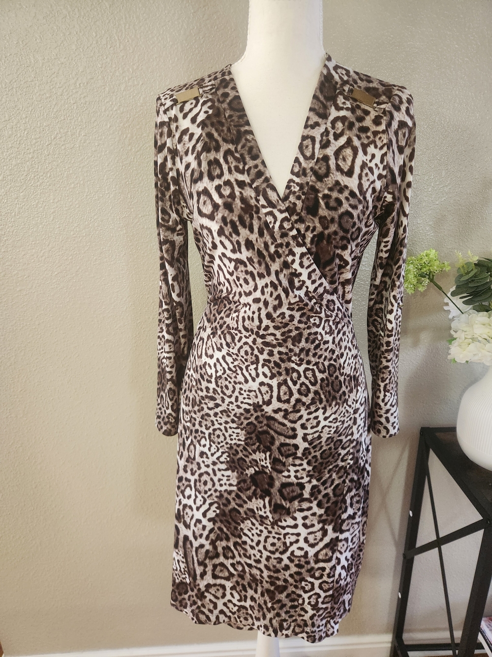 Calvin Klein Leopard-Print Wrap Midi Sleeve Dress - Brown Size P